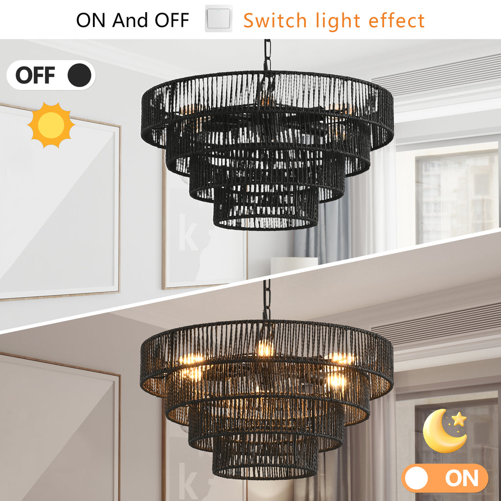 4-tier hemp rope chandelier on a black iron frame - view 5