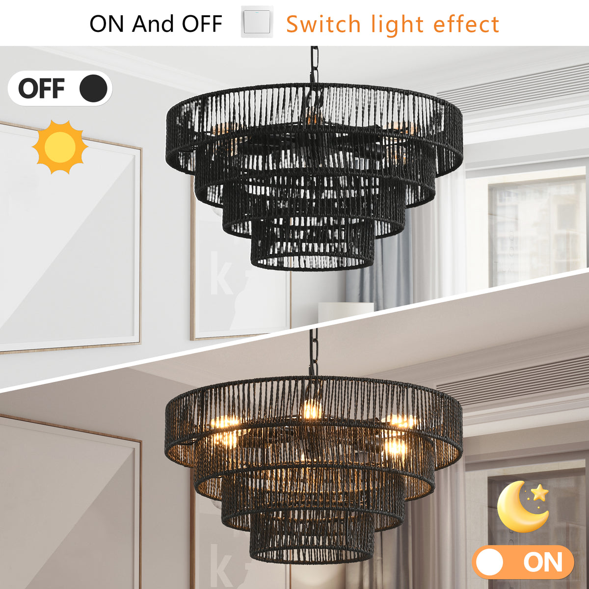 4-tier hemp rope chandelier on a black iron frame - view 5