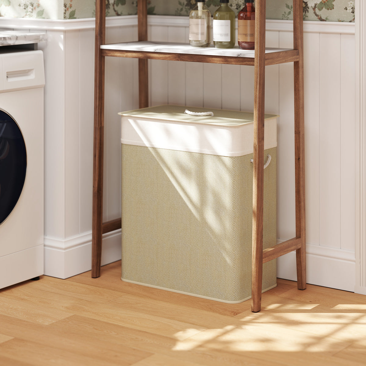 Bamboo double laundry hamper in natural wood