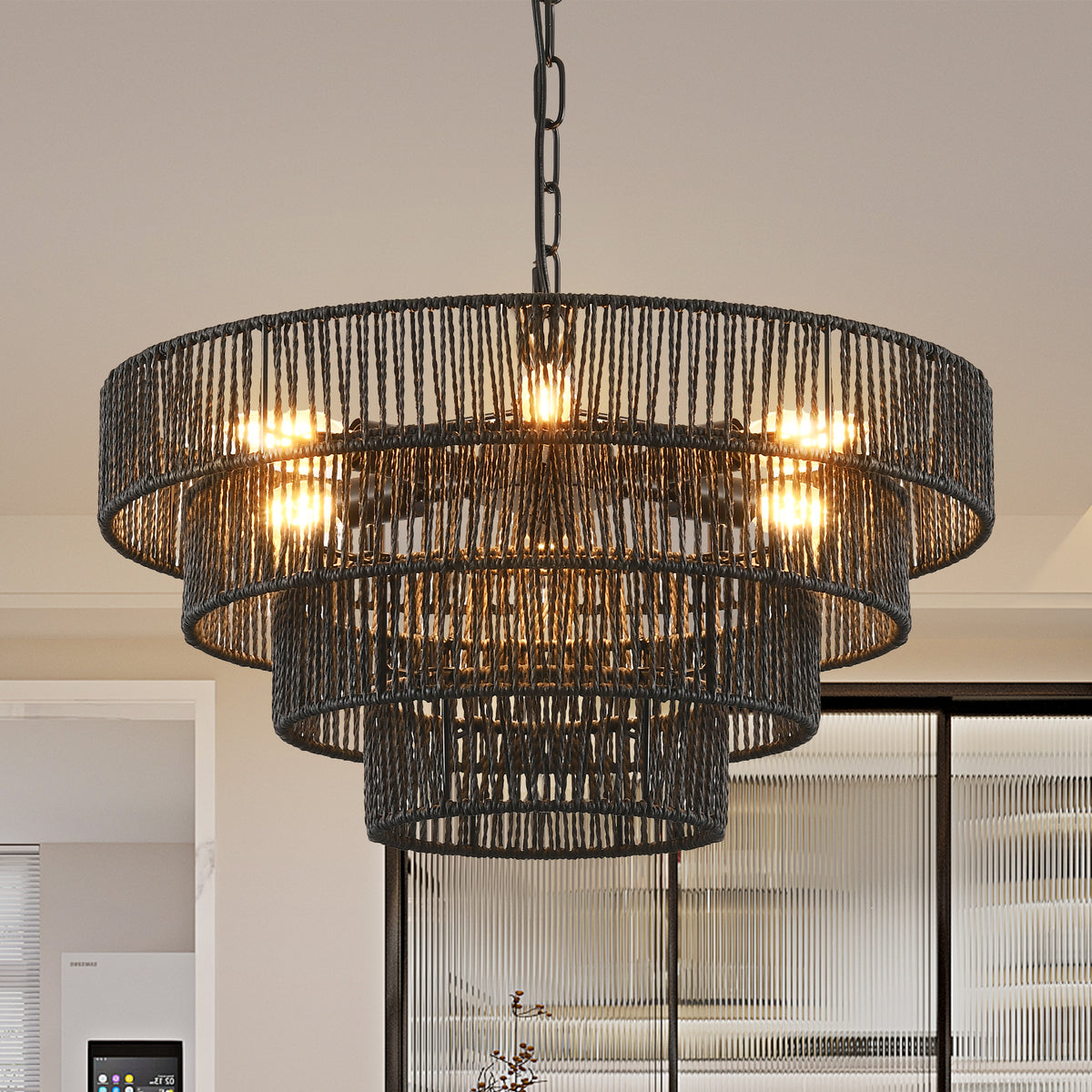 4-tier hemp rope chandelier on a black iron frame - view 2