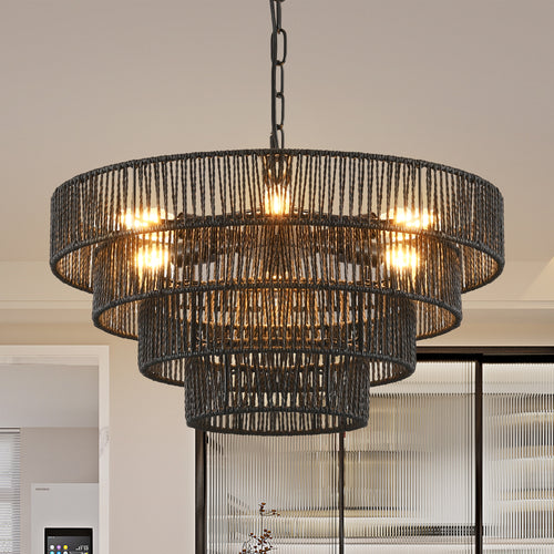 4-tier hemp rope chandelier on a black iron frame - view 2