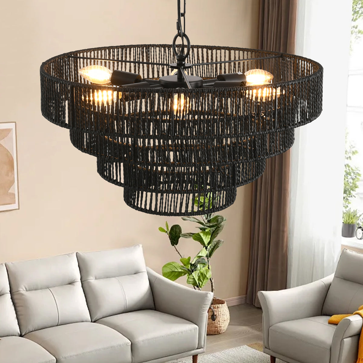 4-tier hemp rope chandelier on a black iron frame - view 4
