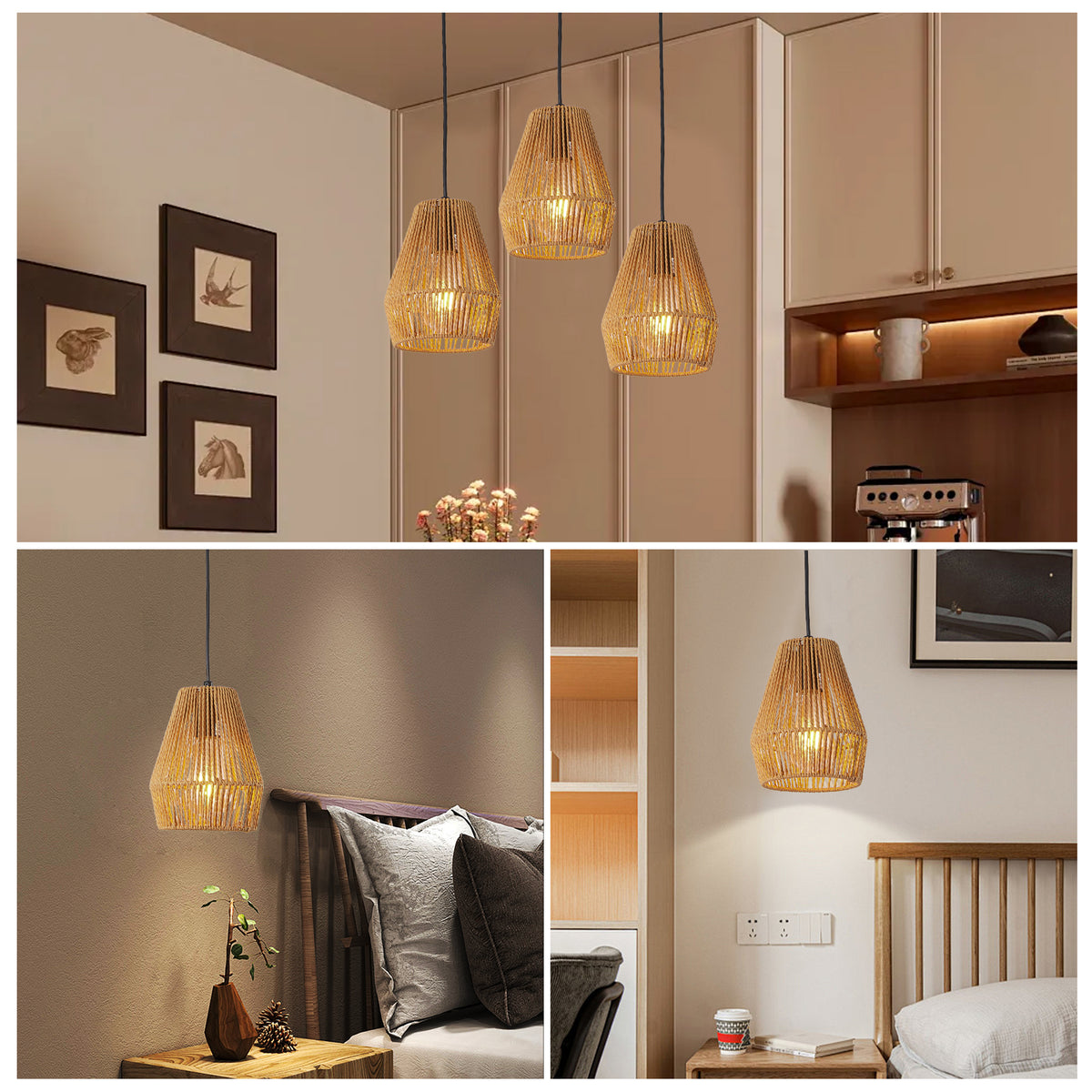 Set of 3 hand-woven hemp rope pendant lights - view 2