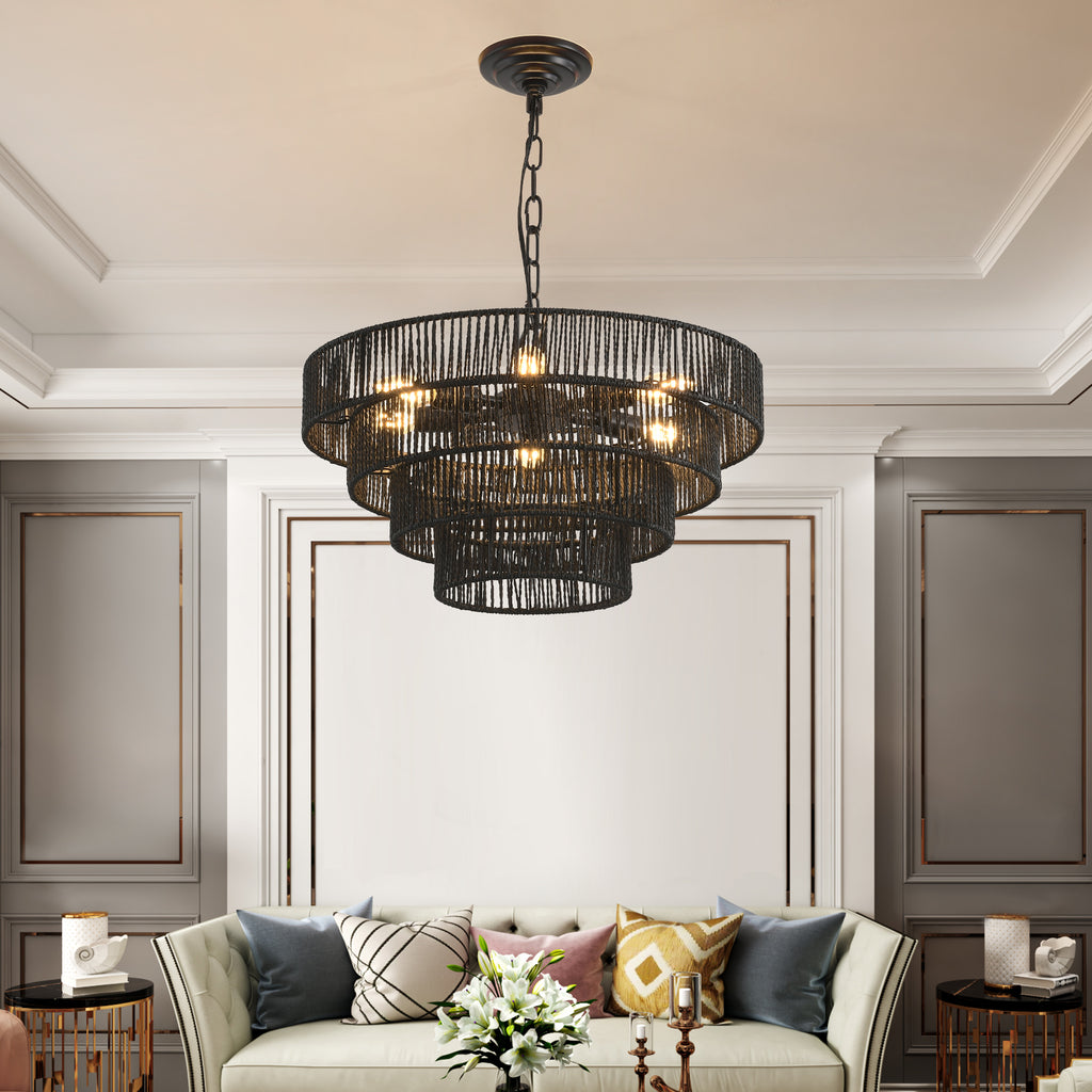 4-tier hemp rope chandelier on a black iron frame
