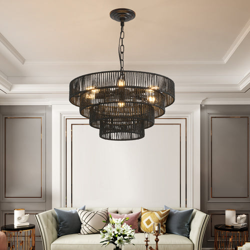 4-tier hemp rope chandelier on a black iron frame