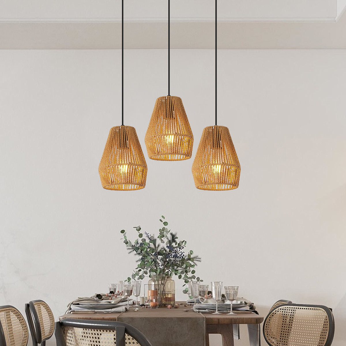 Set of 3 hand-woven hemp rope pendant lights