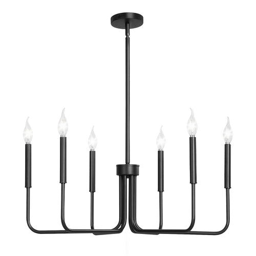 28 inch 6-light matte black chandelier with bare E12 bulb sockets