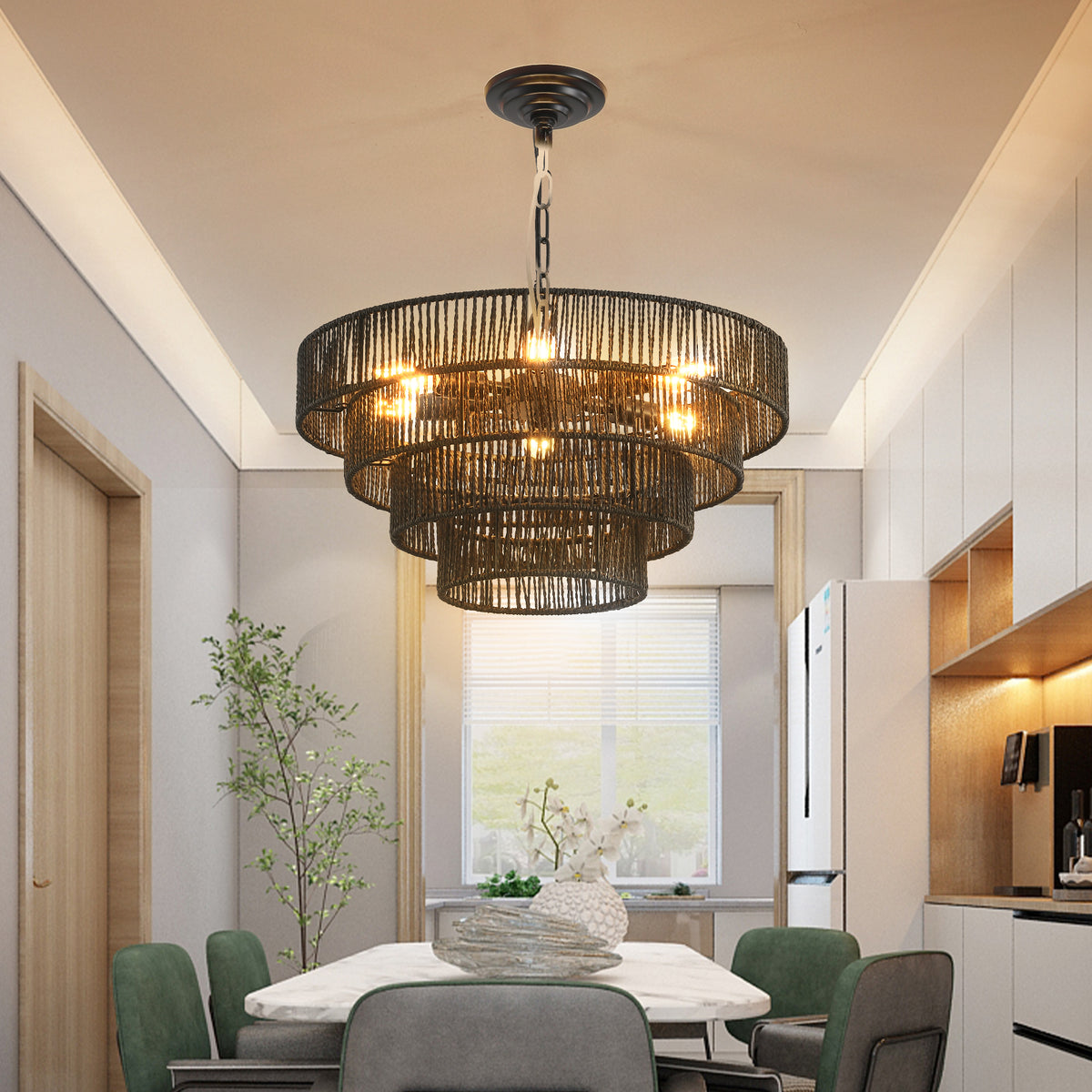 4-tier hemp rope chandelier on a black iron frame - view 3
