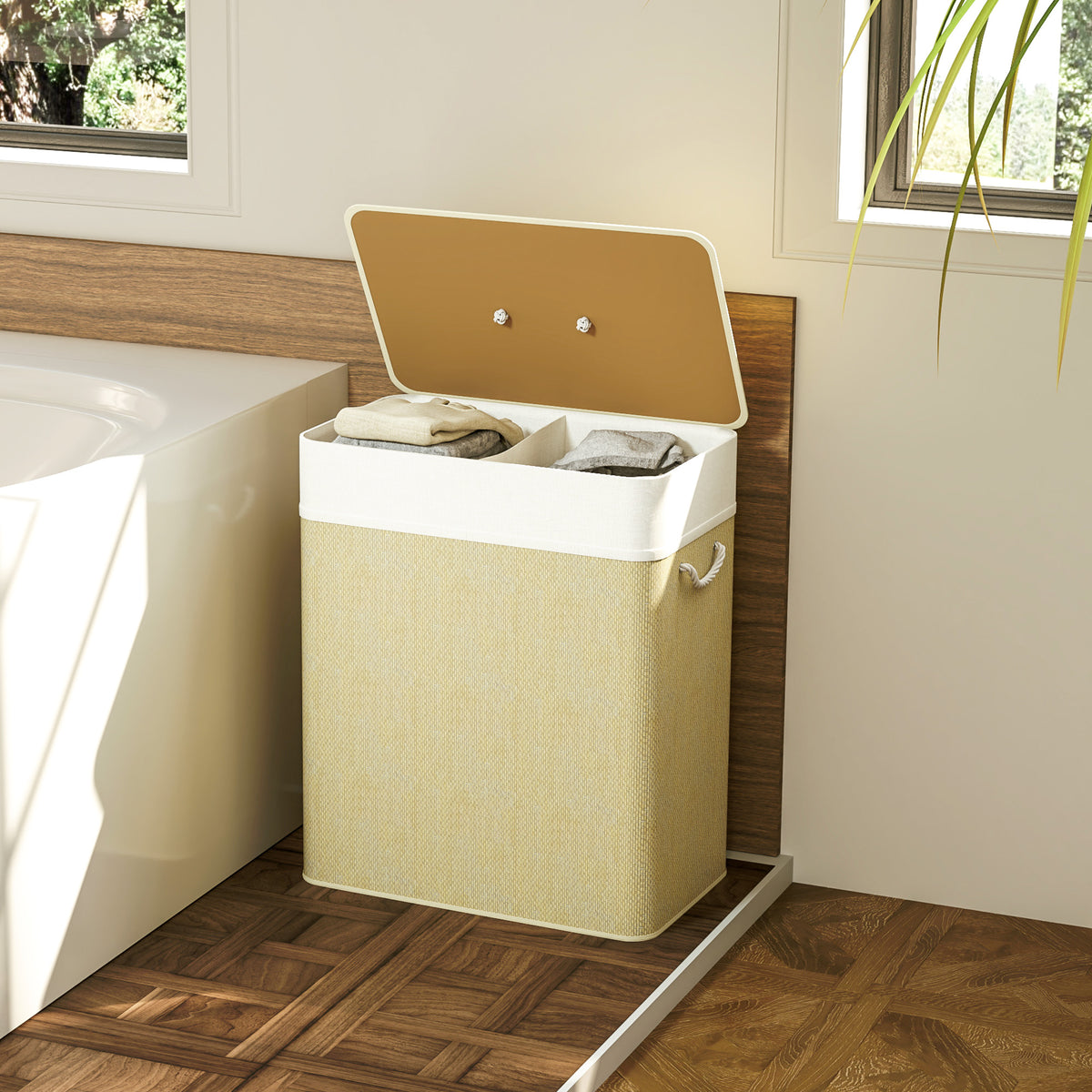 Bamboo double laundry hamper in natural wood - view 4