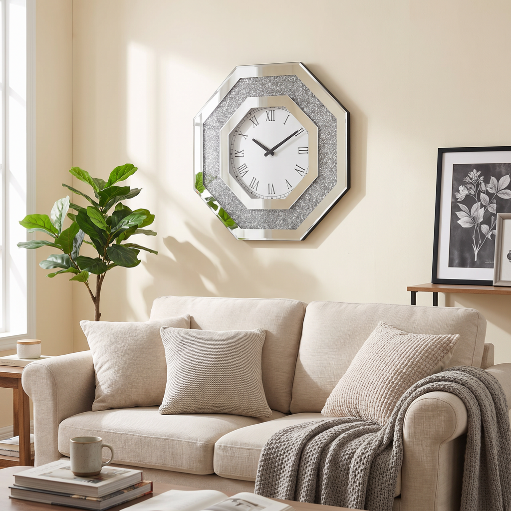 Octagonal silver mirror wall clock