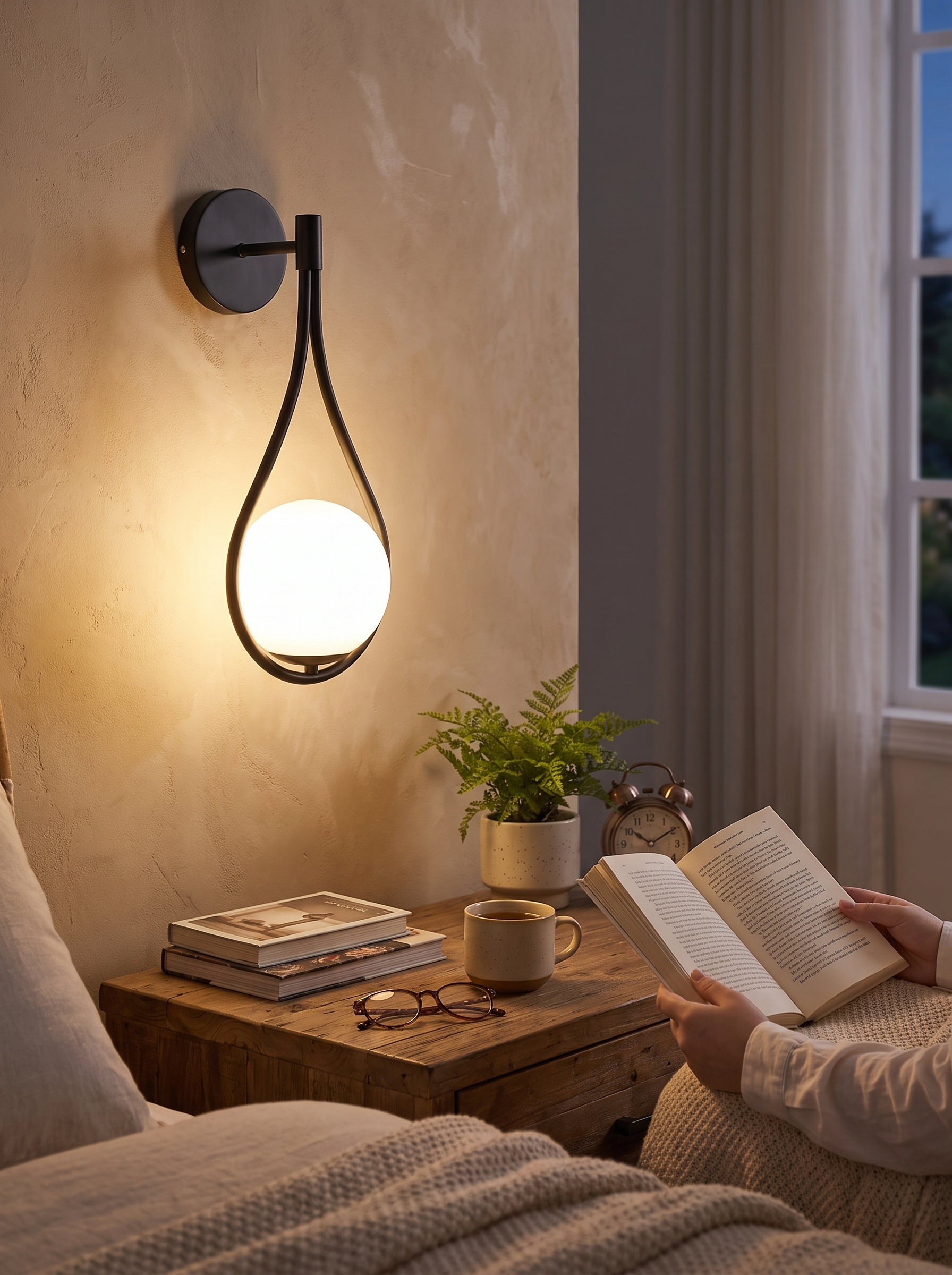 Nordic Bedside Wall Lamp mounted above a clear nightstand