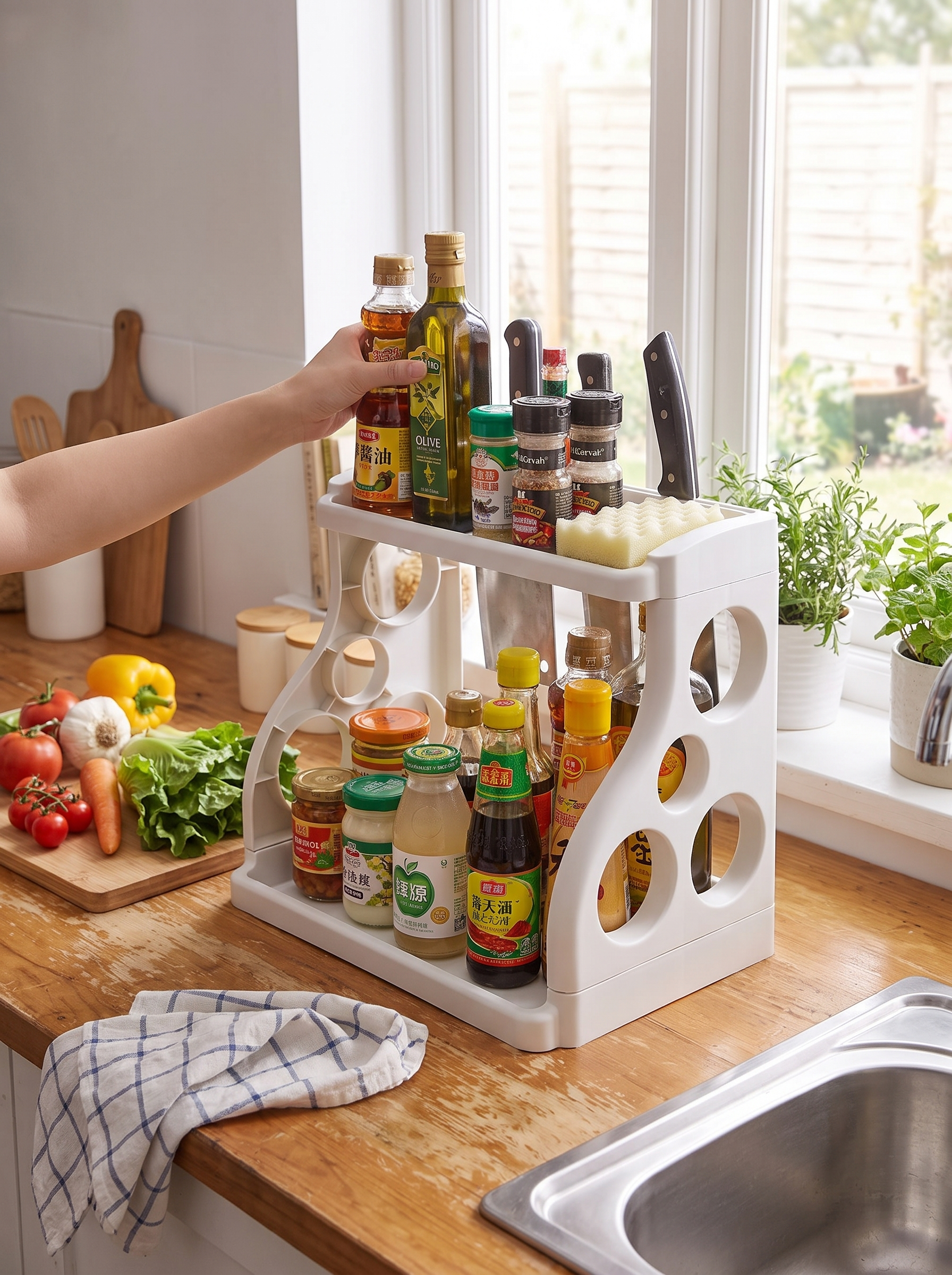 Folding Kitchen Storage Rack holding jars and spices on a worktop
