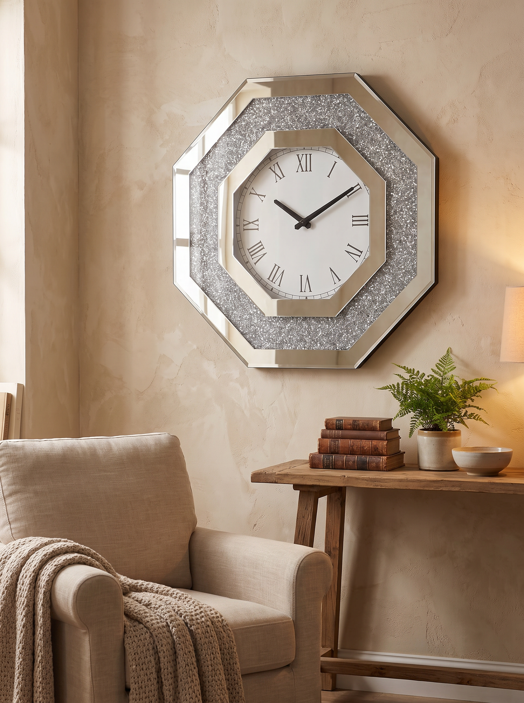 Octagonal Mirror Wall Clock alone on a feature wall