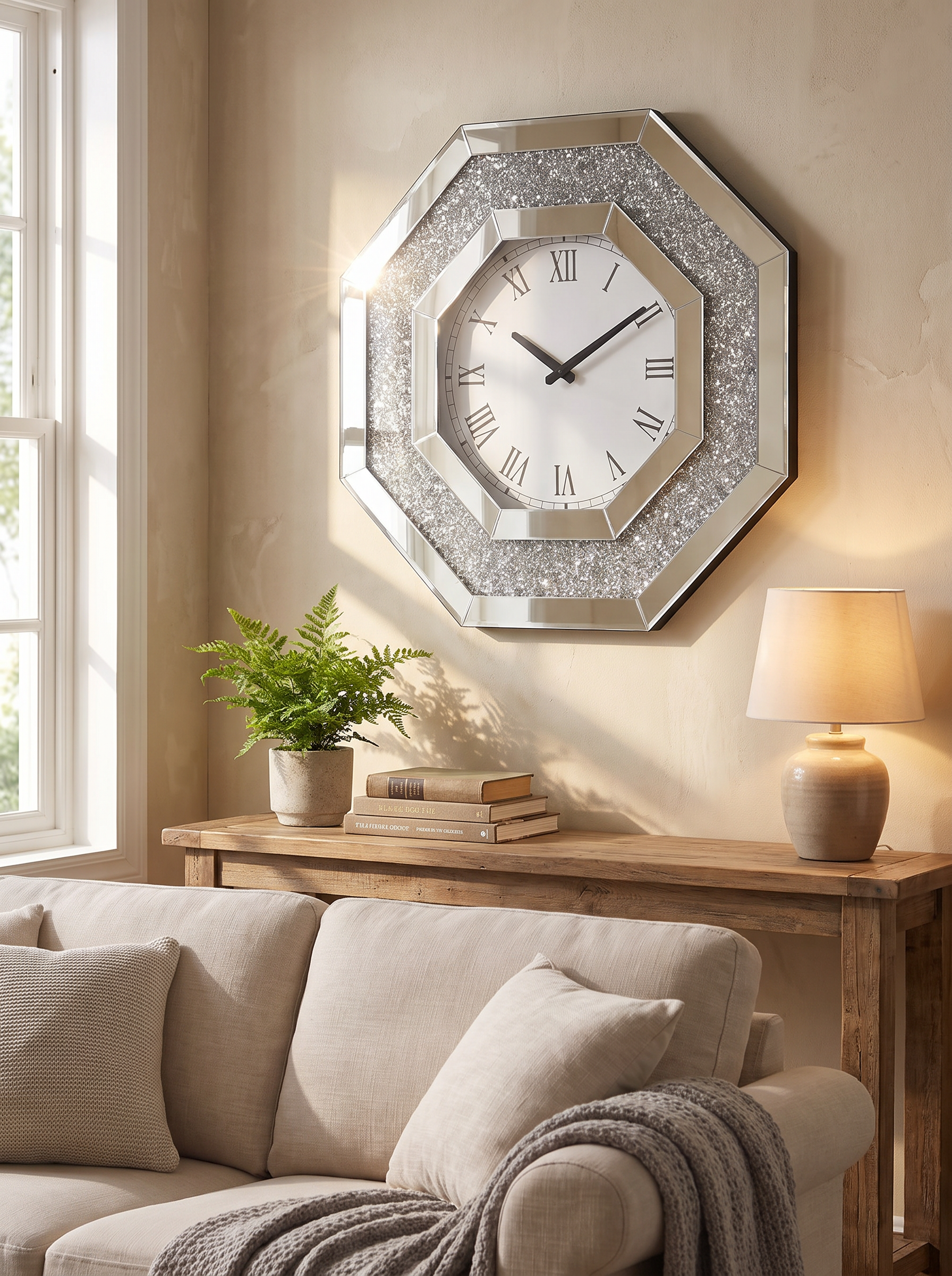 Octagonal Mirror Wall Clock catching daylight above a console table