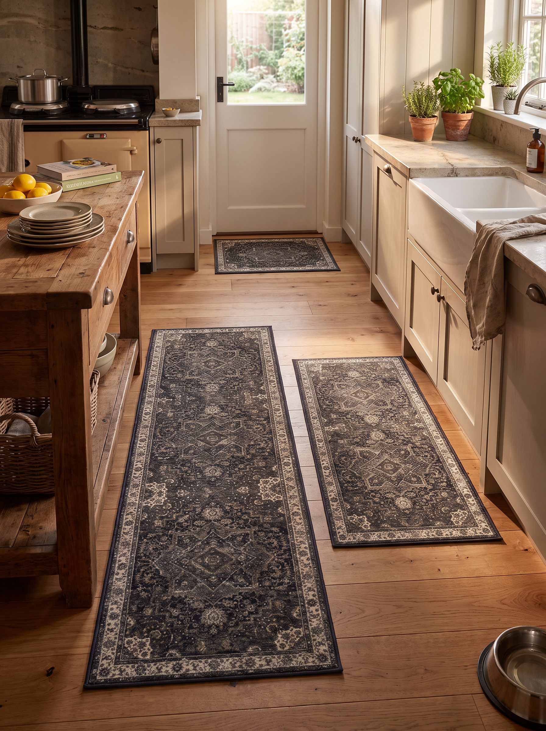 Boho Kitchen Rug Set of 3 laid out together in one kitchen