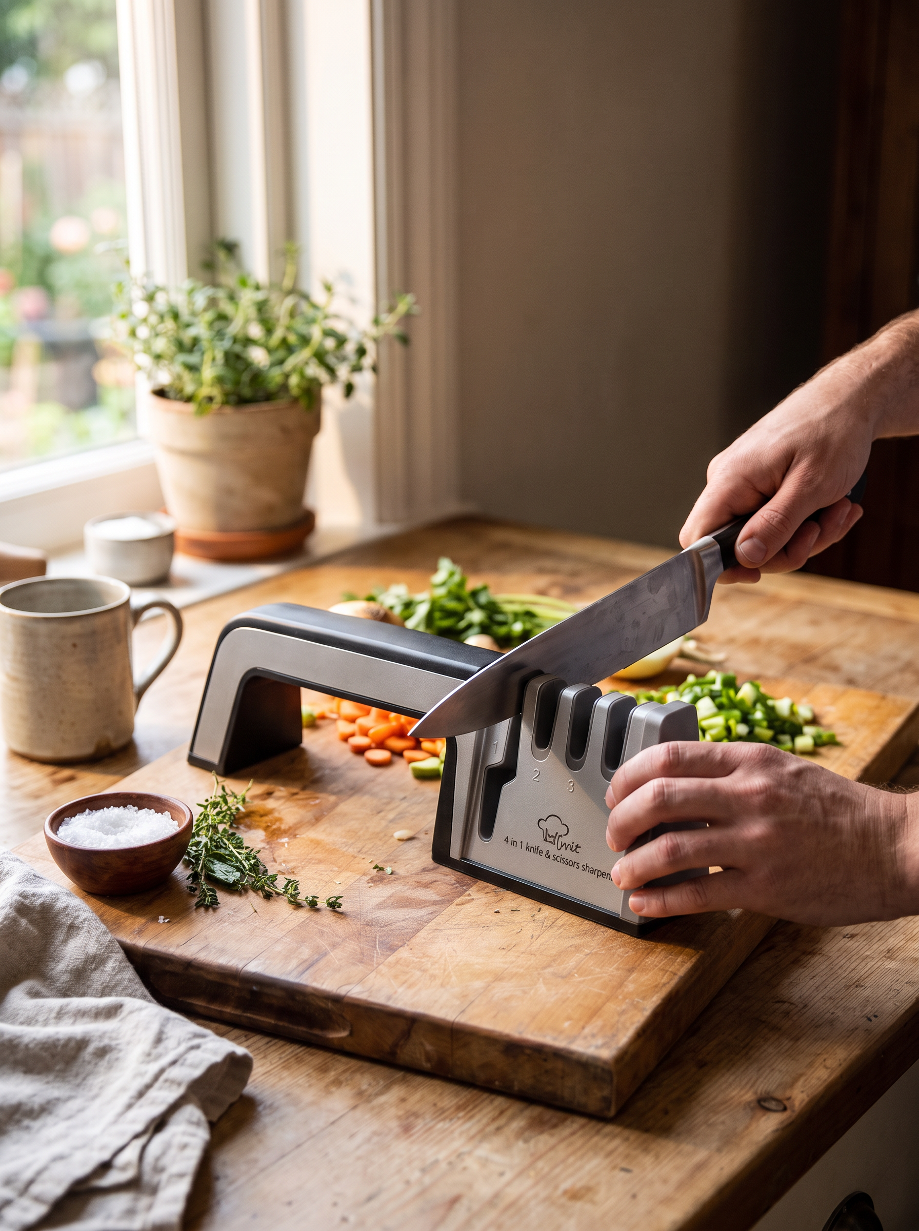 Four in One Knife Sharpener being used to draw a blade through