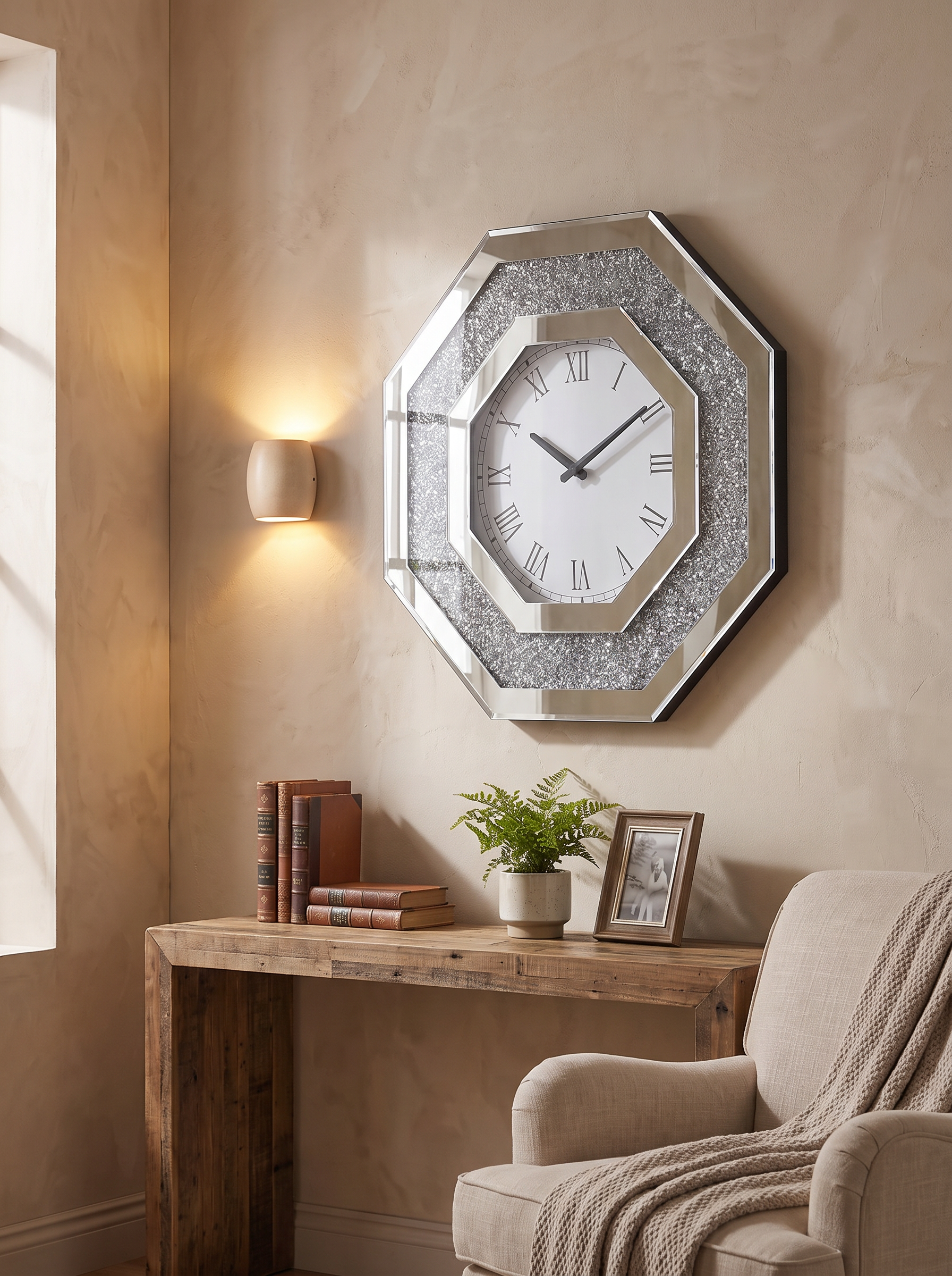 Octagonal Mirror Wall Clock face with clear Roman numerals