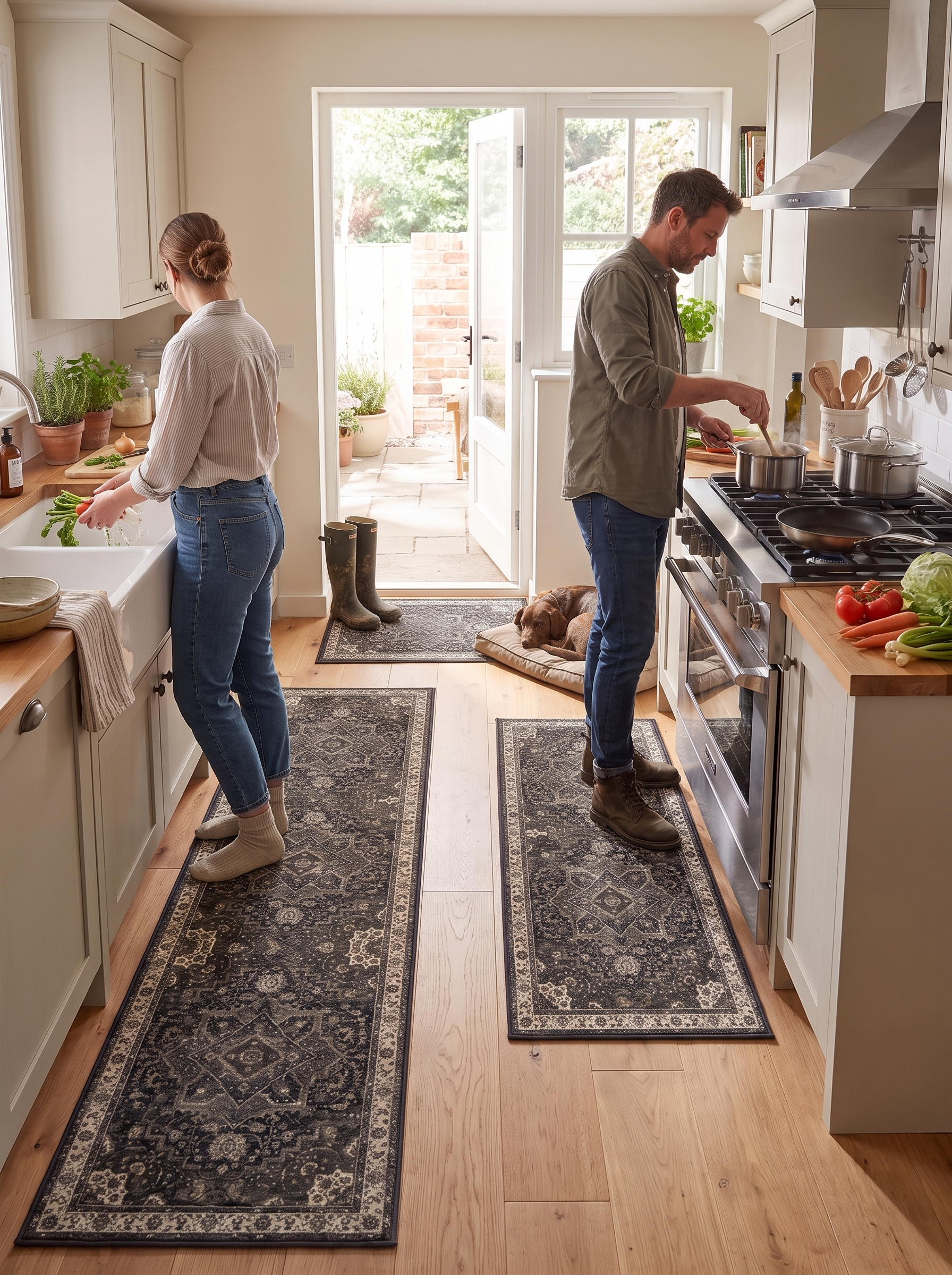 Boho Kitchen Rug Set of 3 runner in front of a kitchen counter