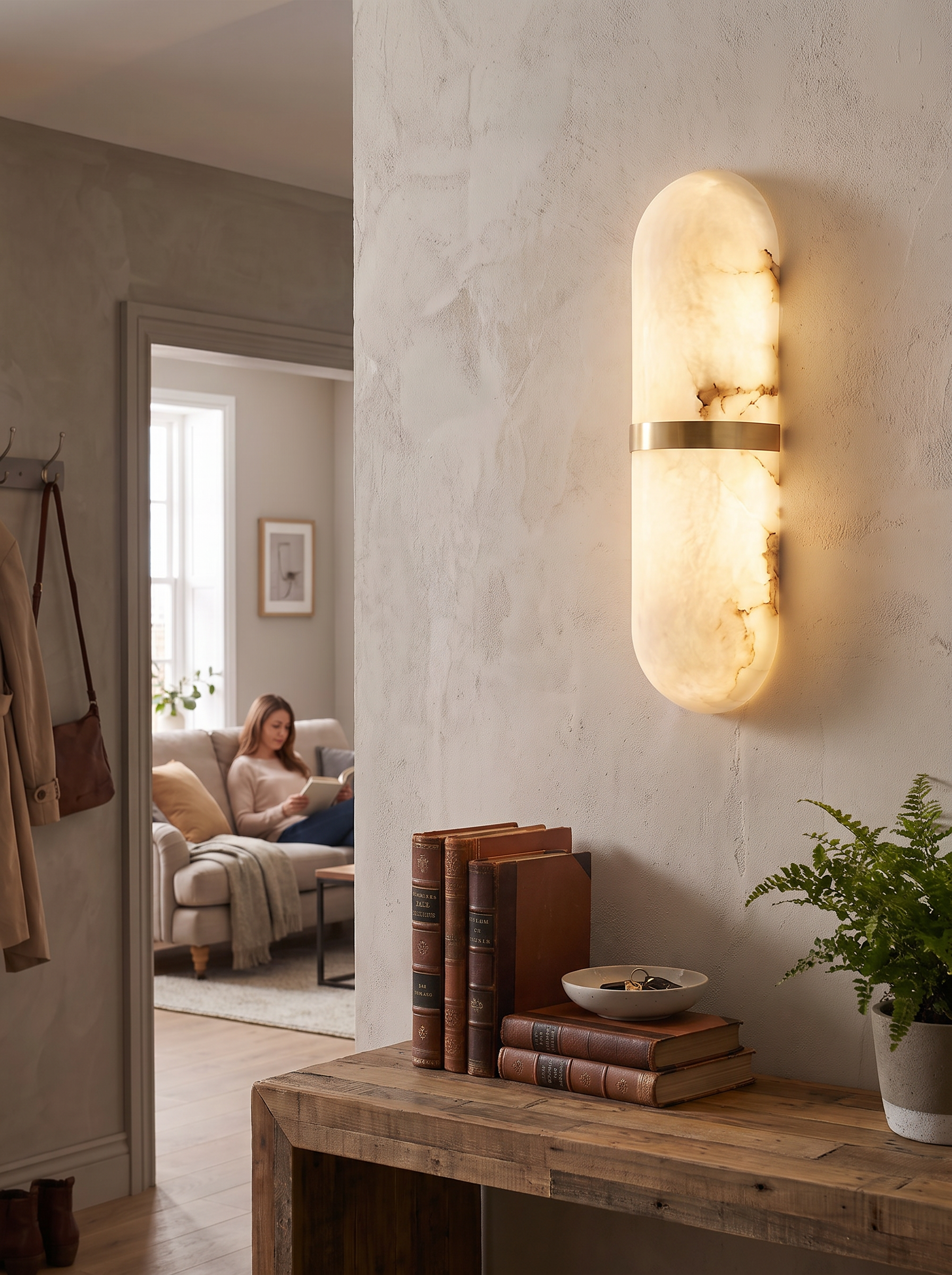 Marble and Iron Wall Lamp showing the natural veining of the stone panel