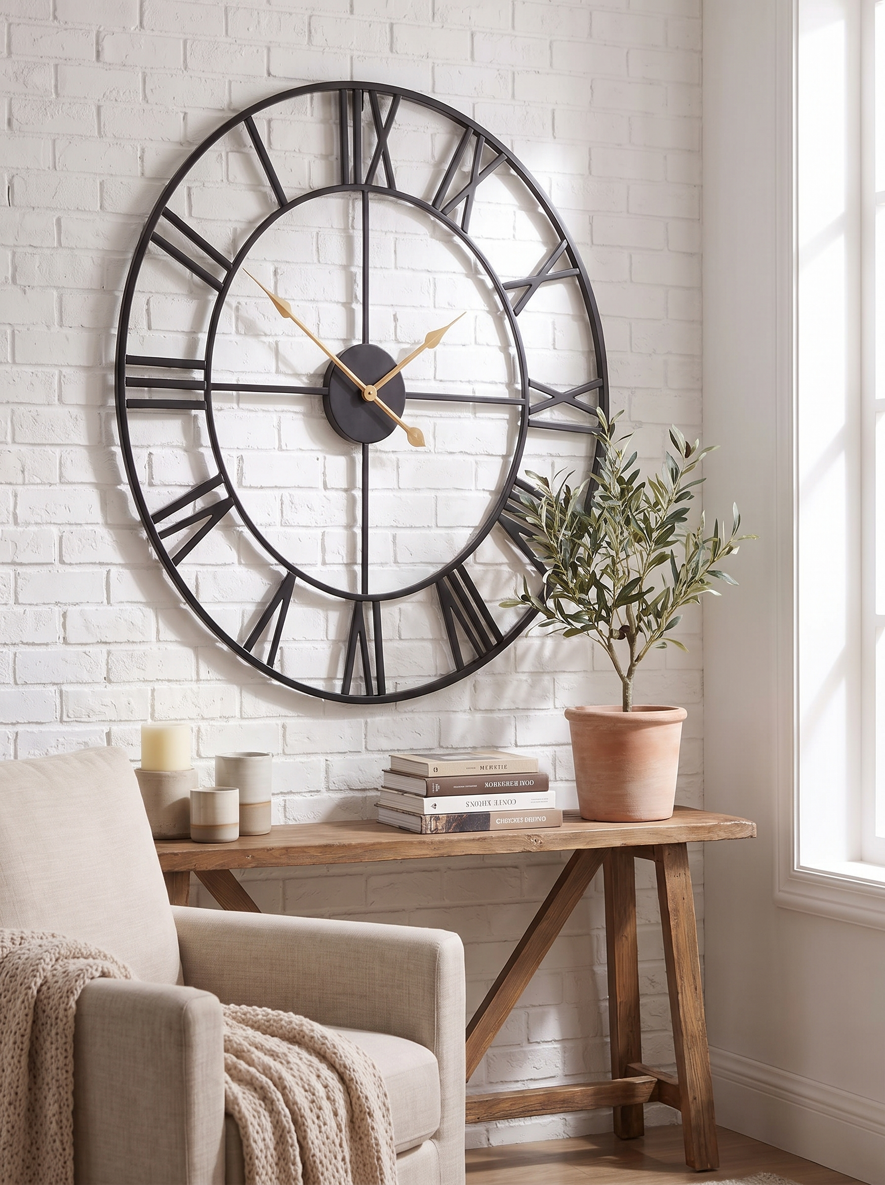 Roman Numeral Wall Clock with the wall colour showing through the open dial