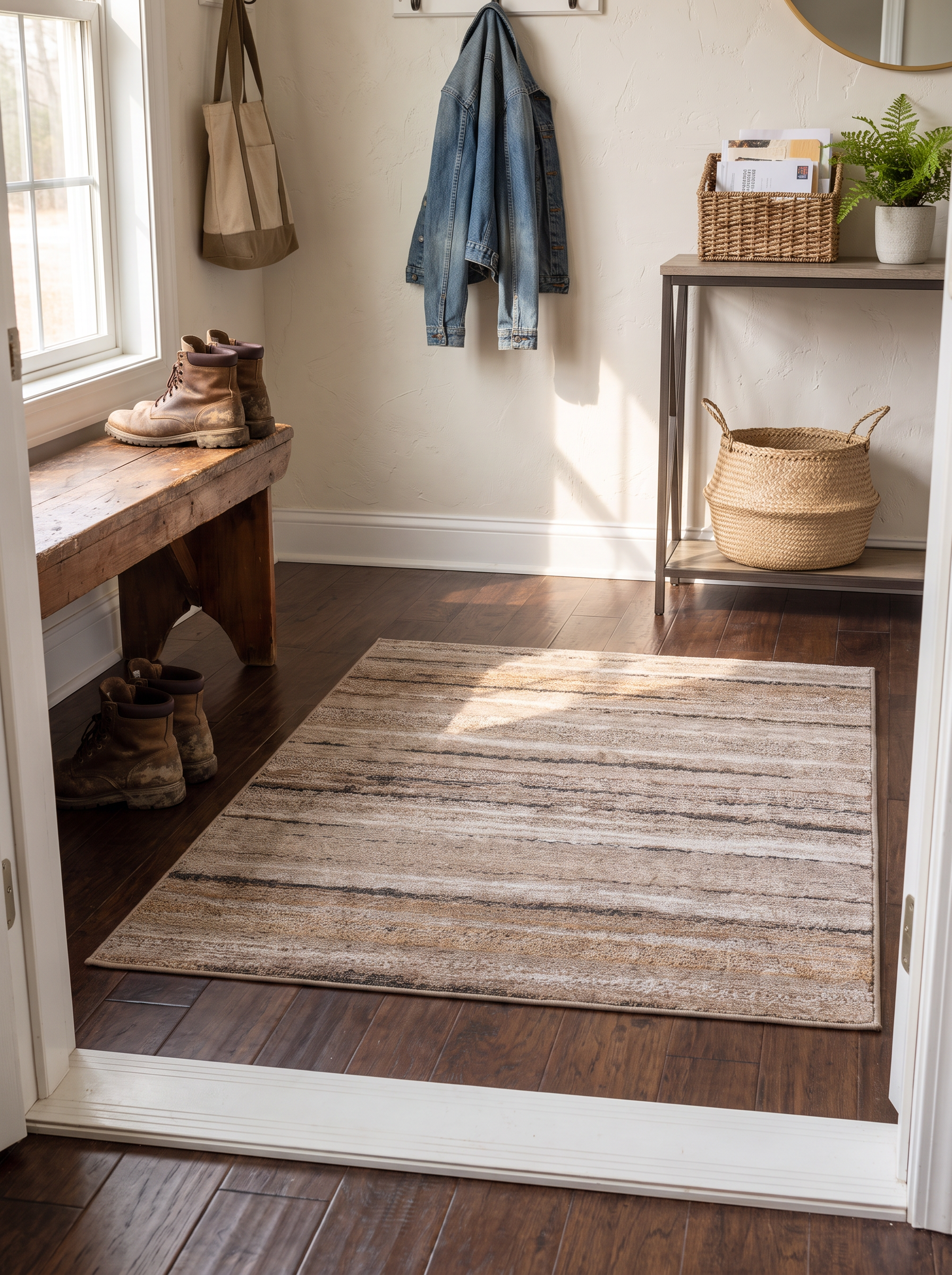 Payas Striped Doormat Rug lying flat under a swinging door