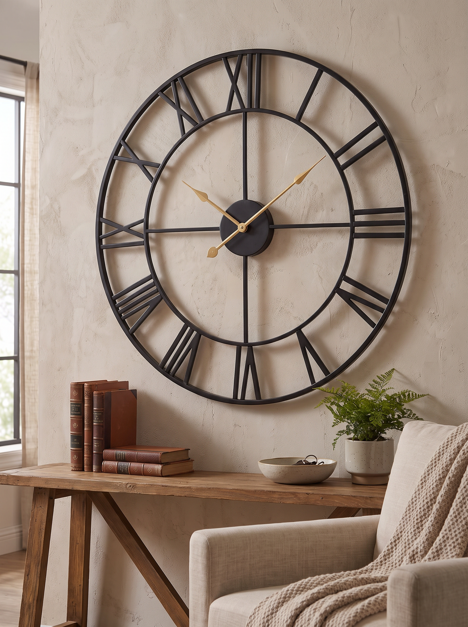 Roman Numeral Wall Clock with its silent sweeping movement in a quiet room