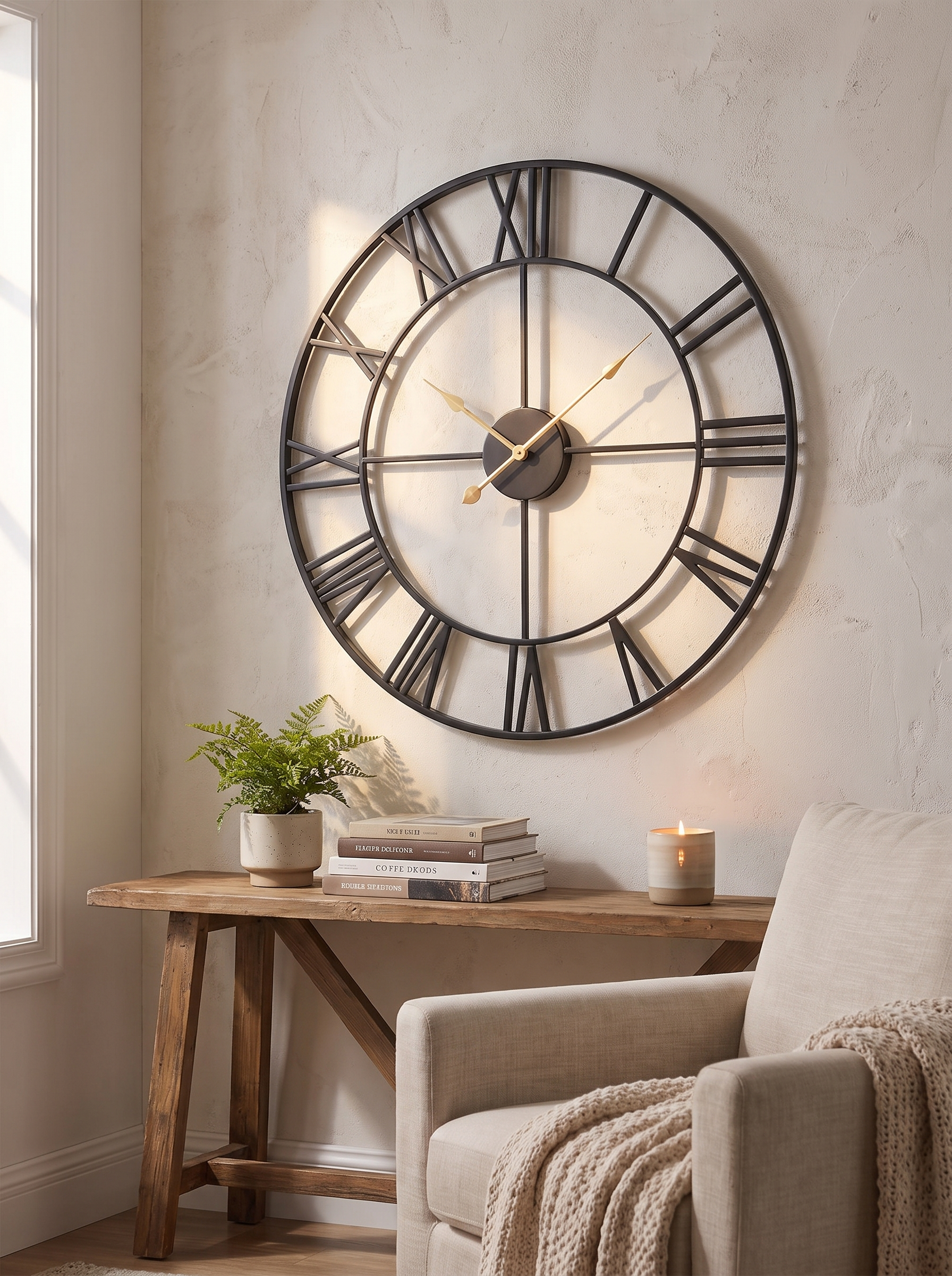Roman Numeral Wall Clock as an oversized statement on a blank wall